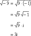 sqrt(-9) = sqrt(9 × -1) = sqrt(9) × sqrt(-1) = (3) × (i) = 3i