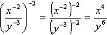 [ x^(×2) / y^(-3) ]^(-2) = [ x^(-2) ]^-2 / [ y^(-3) ]^(-2) = (x^4) / (y^6)