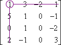 matrix with 1,1-entry circled and first row entries, first column entries crossed off