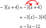 −3(x + 4); draw an arrow from the −3 to the x, and another arrow from the −3 to the 4, resulting in −3(x) − 3(4); then −3(x) − 3(4) = −3x − 12