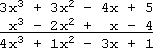 3x^3 and x^3, adding down to 4x^3; +3x^2 and −2x^2, adding down to 1x^2; −4x and +1x, adding down to −3x; +5 and −4, adding down to 1; result: 2x^3 + 1x^2 − 3x + 1