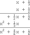 x + 1/3 is placed above x + 1/2; first row: 1/2 times 1/3 is 1/6, carried down below the 1/2; 1/2 times x is (1/2)x, carried down below the x; second row: x times 1/3 is (1/3)x, carried down below the (1/2)x; x times x is x^2, carried down to the left of the (1/3)x; adding down: (x^2) + [(1/2)x] + [(1/3)x] + 1/6