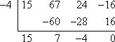 synthetic division with x = −4; the second row is [space] −60 −28 16; and the final row is 15 7 −4 0