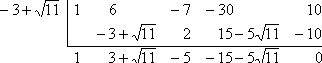 top row is −3+sqrt[11] | 1 6 −7 −30 10; middle row is |__−3+sqrt[11]__2__15−5sqrt[11]__−10_; bottom row is 1 3+sqrt[11] −5 −15−5sqrt[11] 0