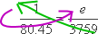 multiply across, along the green arrow, to get 3759 × 1; divide back along the purple arrow by 80.45; then e = 3759/80.45