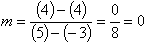 m = (4 − 4)/(5 − (−3)) = (4 − 4)/(5 + 3) = 0/8 = 0