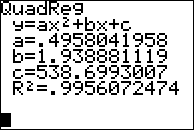 quadratic regression: y = 0.4958x^2 + 1.9389x + 538.6993; regression coefficient R^2: 0.9956072474