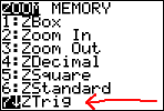 screenshot of ZOOM screen, showing option 7 (that is, the option for ZTrig, or "Zoom with Trig Scales")