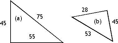 a) sides 45, 55, 75; b) sides 28, 45, 53