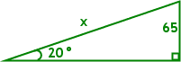 right triangle, base angle is 20 degrees, opposite side (being the height) has length 65, hypotenuse has length x