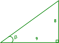 right triangle, base angle (beta), base / adjacent 9, height / opposite 8