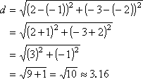 d = sqrt[ (2 + 1)^2 + (-3 + 2)^2 ] = sqrt(10)