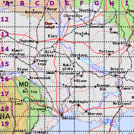 map of a portion of Ukraine, with letters A through I across the top, and numbers counting down, along the left-hand side, from 12 to 19. [The number 11, though not included, is implicitly the label for the top row that shows letters.]